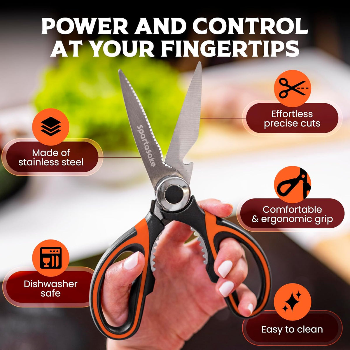 Premium Kitchen Shears, Stainless Steel Food Scissors, Black & Orange
