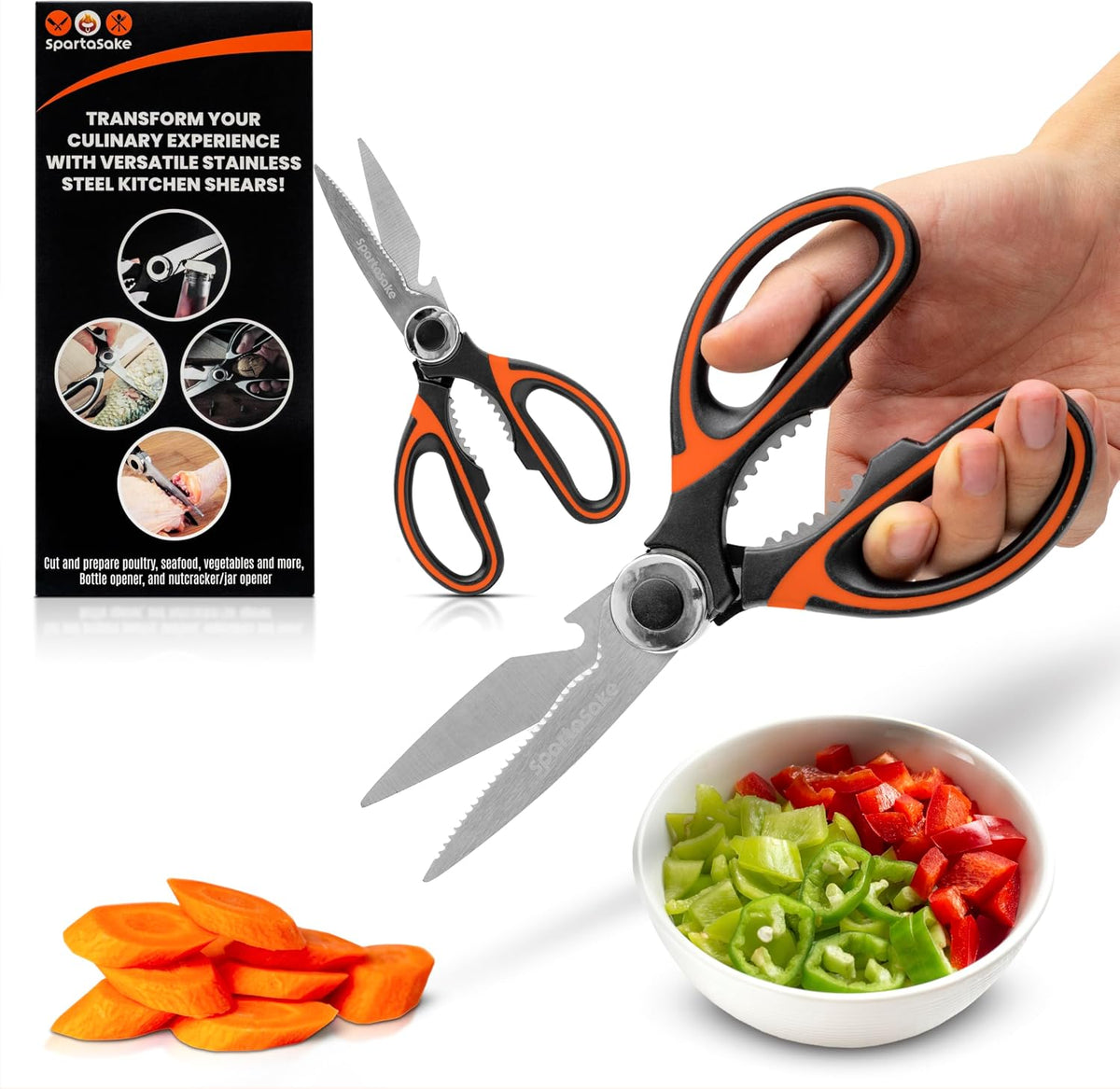 Premium Kitchen Shears, Stainless Steel Food Scissors, Black & Orange