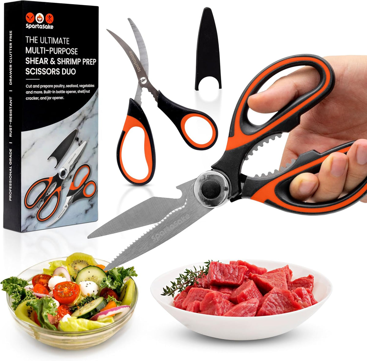 Premium Kitchen Shears, Stainless Steel Food Scissors, Black & Orange