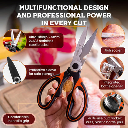 Premium Kitchen Shears, Stainless Steel Food Scissors, Black & Orange