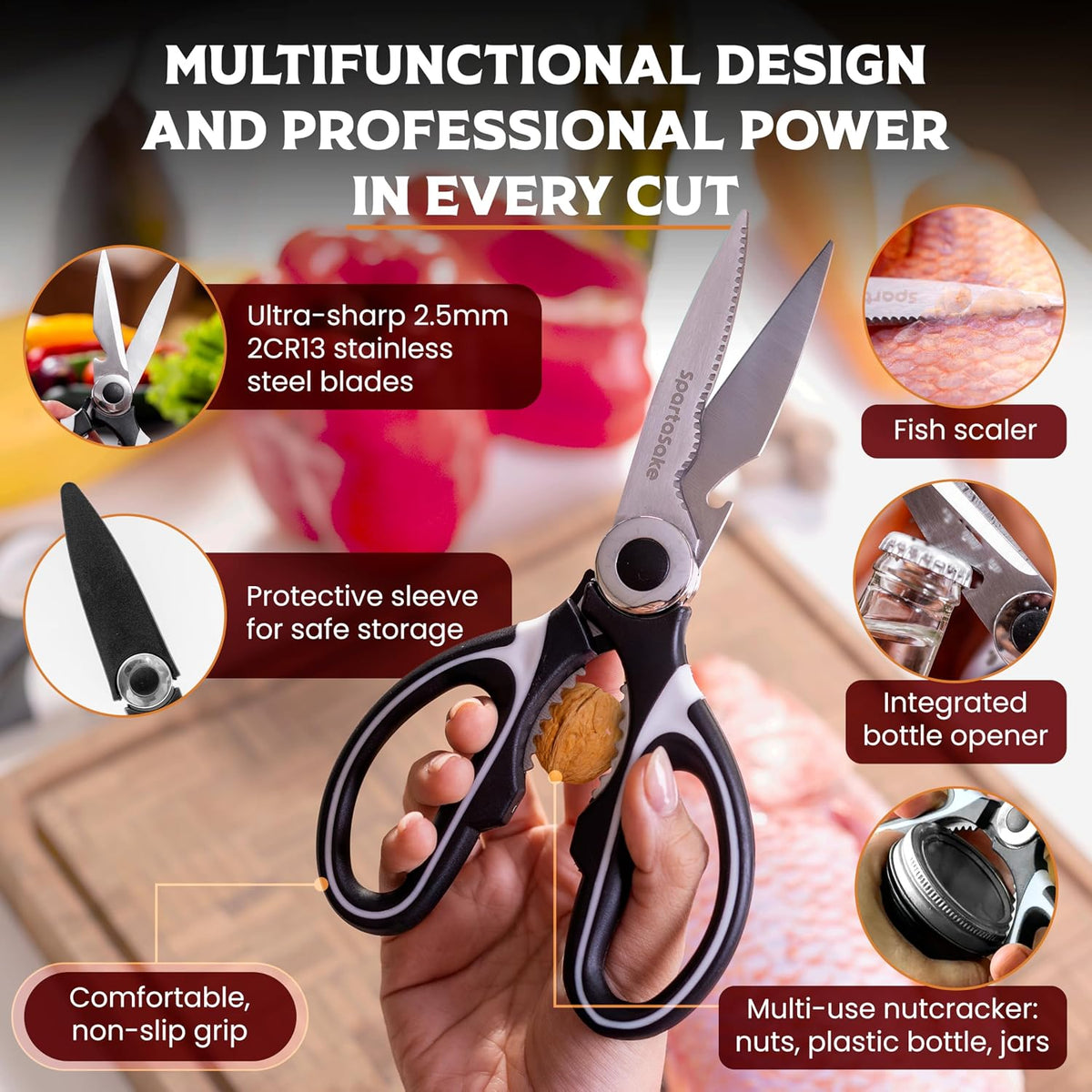 Premium Kitchen Shears, Stainless Steel Food Scissors, Black & Orange