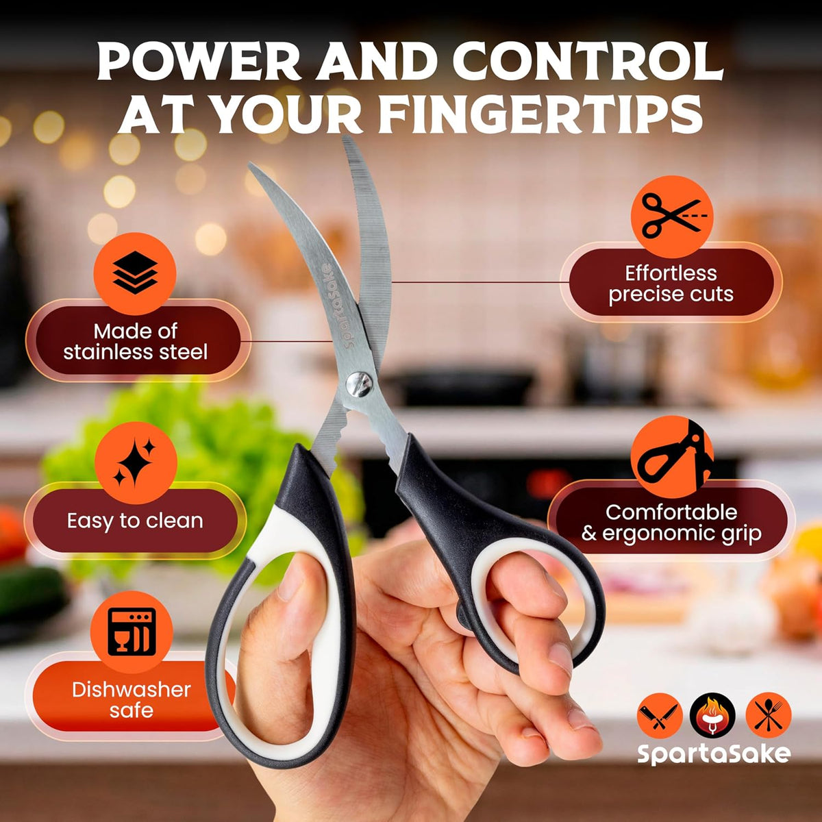 Premium Kitchen Shears, Stainless Steel Food Scissors, Black & Orange