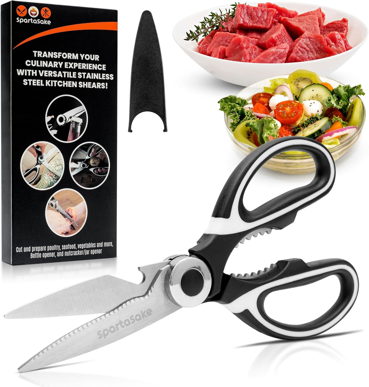 Premium Kitchen Shears, Stainless Steel Food Scissors, Black & Orange