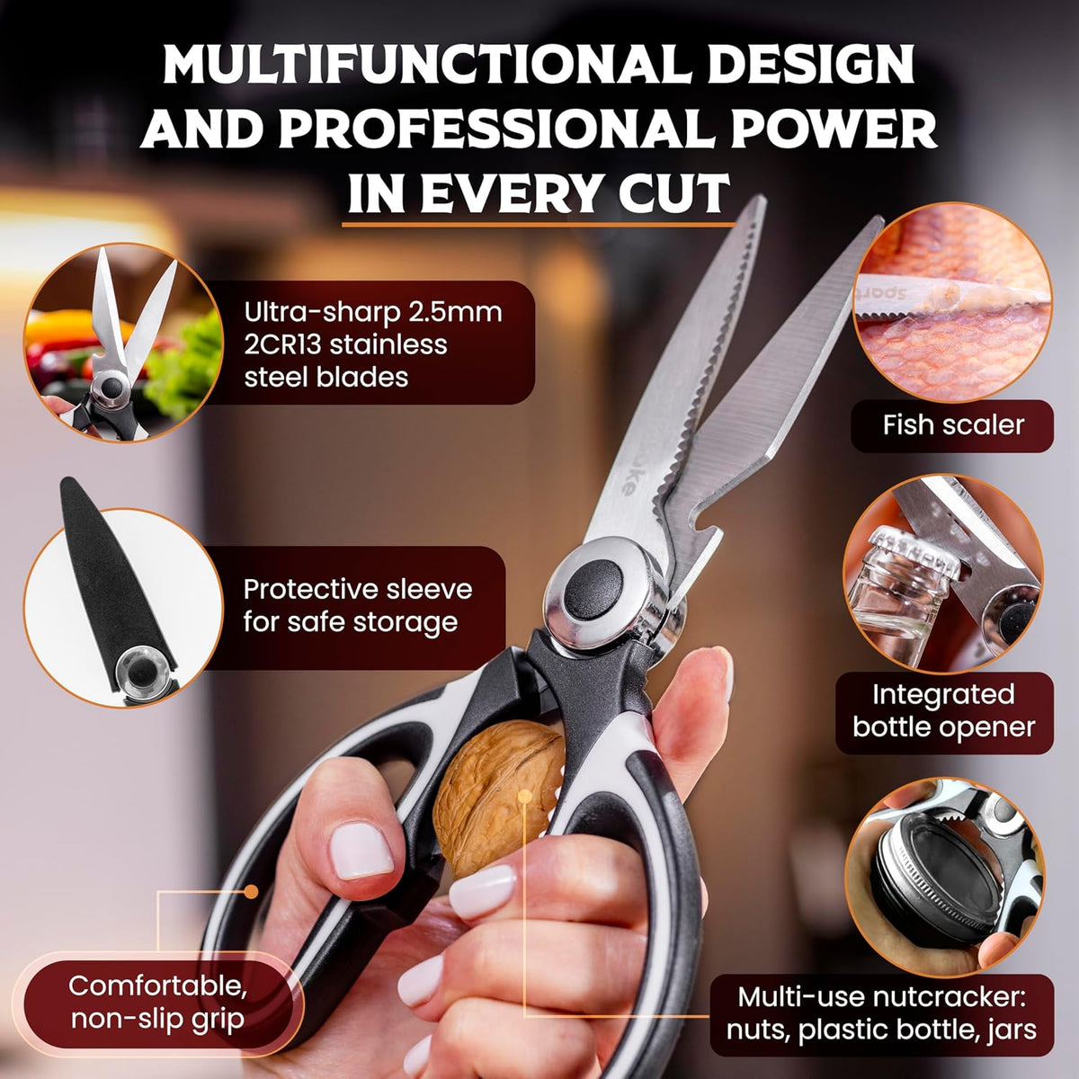 Premium Kitchen Shears, Stainless Steel Food Scissors, Black & Orange