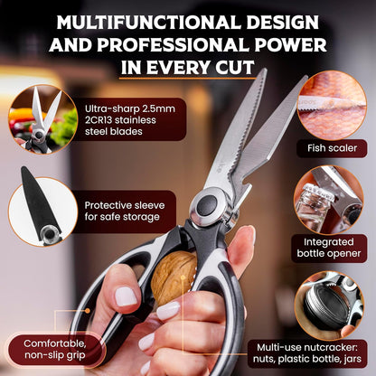Premium Kitchen Shears, Stainless Steel Food Scissors, Black & Orange