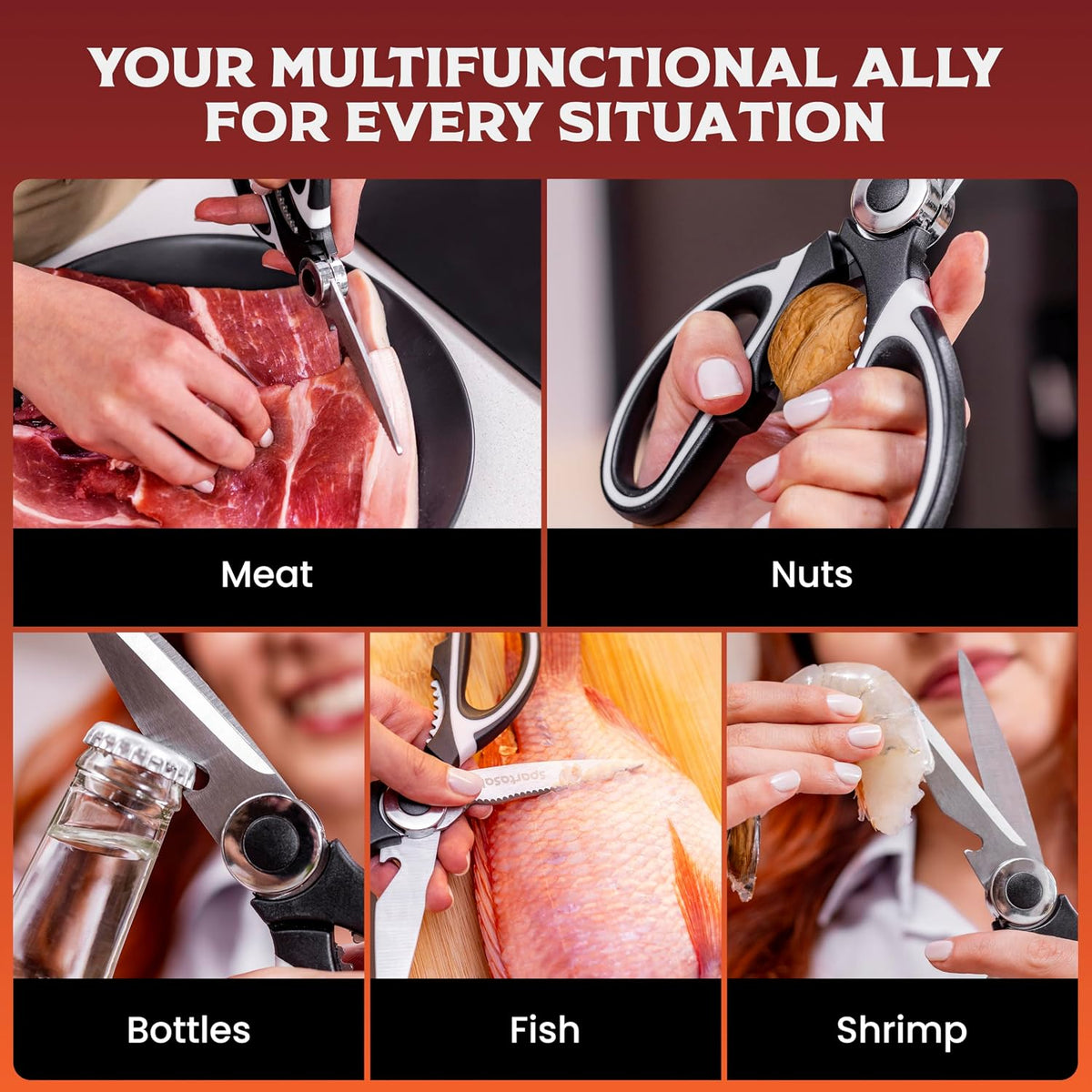 Premium Kitchen Shears, Stainless Steel Food Scissors, Black & Orange