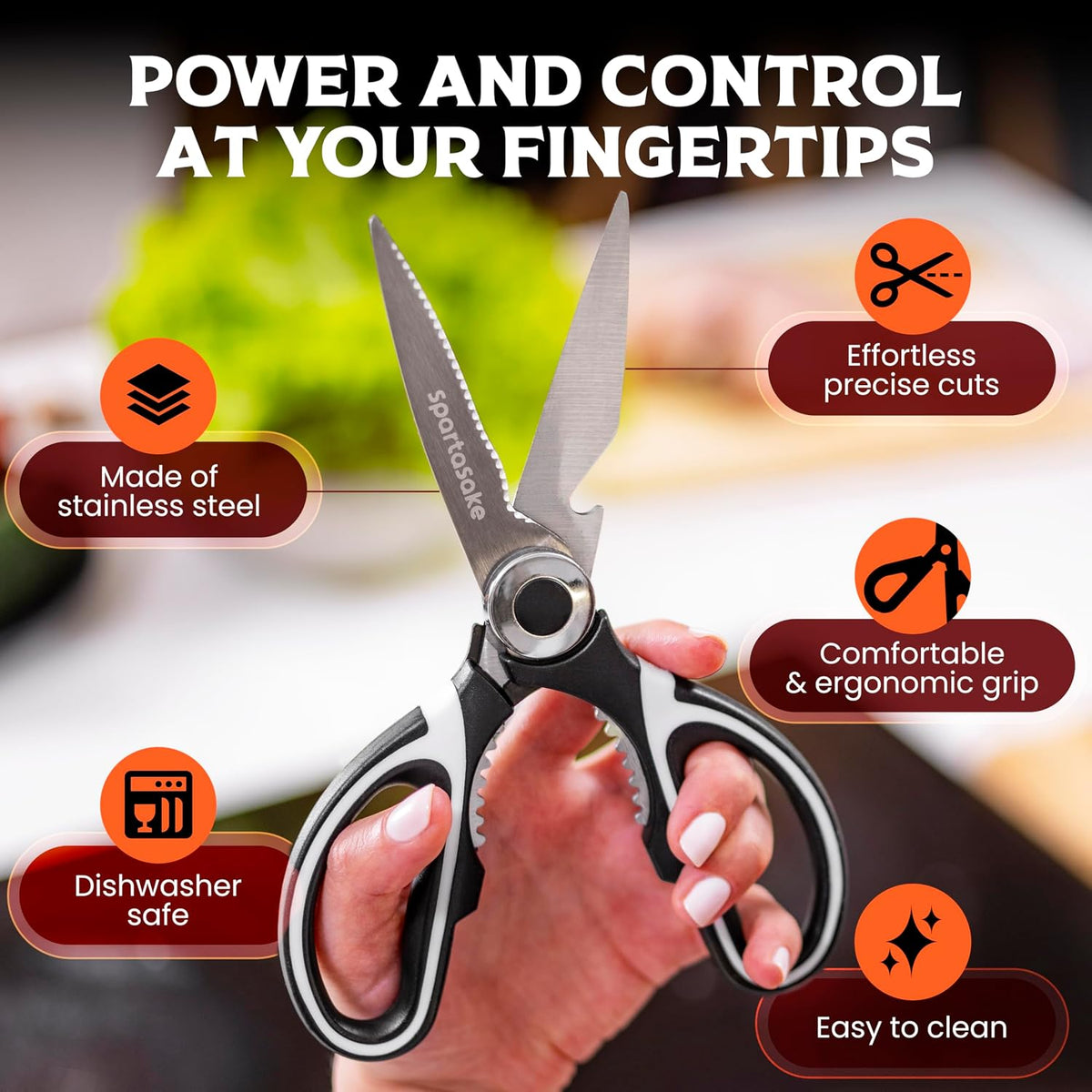 Premium Kitchen Shears, Stainless Steel Food Scissors, Black & Orange