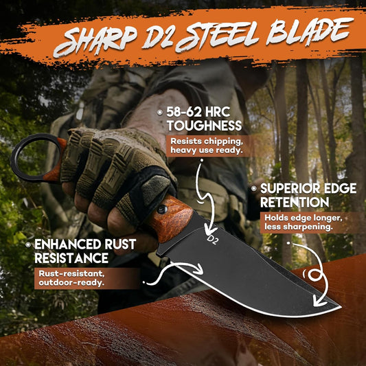 Fixed Blade Knife with Kydex Sheath -Survival Knife Brown | Forged from a Single Piece of D2 Steel, Full Tang G10 Handle, Gift Box, for Outoor Camping
