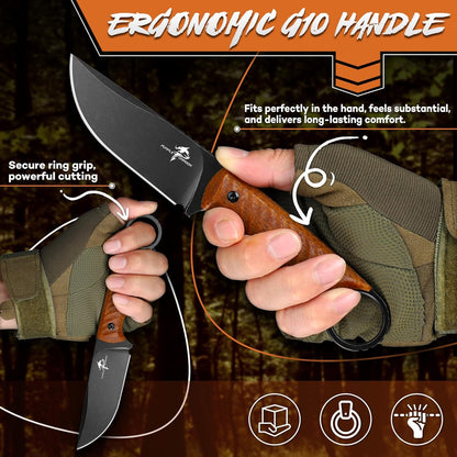 Fixed Blade Knife with Kydex Sheath -Survival Knife Brown | Forged from a Single Piece of D2 Steel, Full Tang G10 Handle, Gift Box, for Outoor Camping