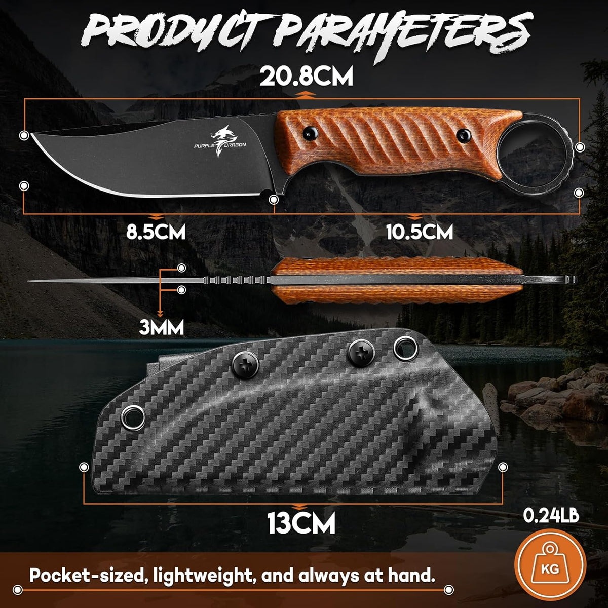 Fixed Blade Knife with Kydex Sheath -Survival Knife Brown | Forged from a Single Piece of D2 Steel, Full Tang G10 Handle, Gift Box, for Outoor Camping