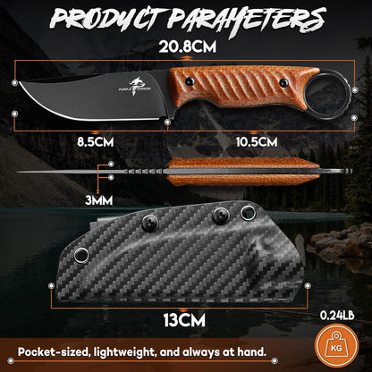 Fixed Blade Knife with Kydex Sheath -Survival Knife Brown | Forged from a Single Piece of D2 Steel, Full Tang G10 Handle, Gift Box, for Outoor Camping