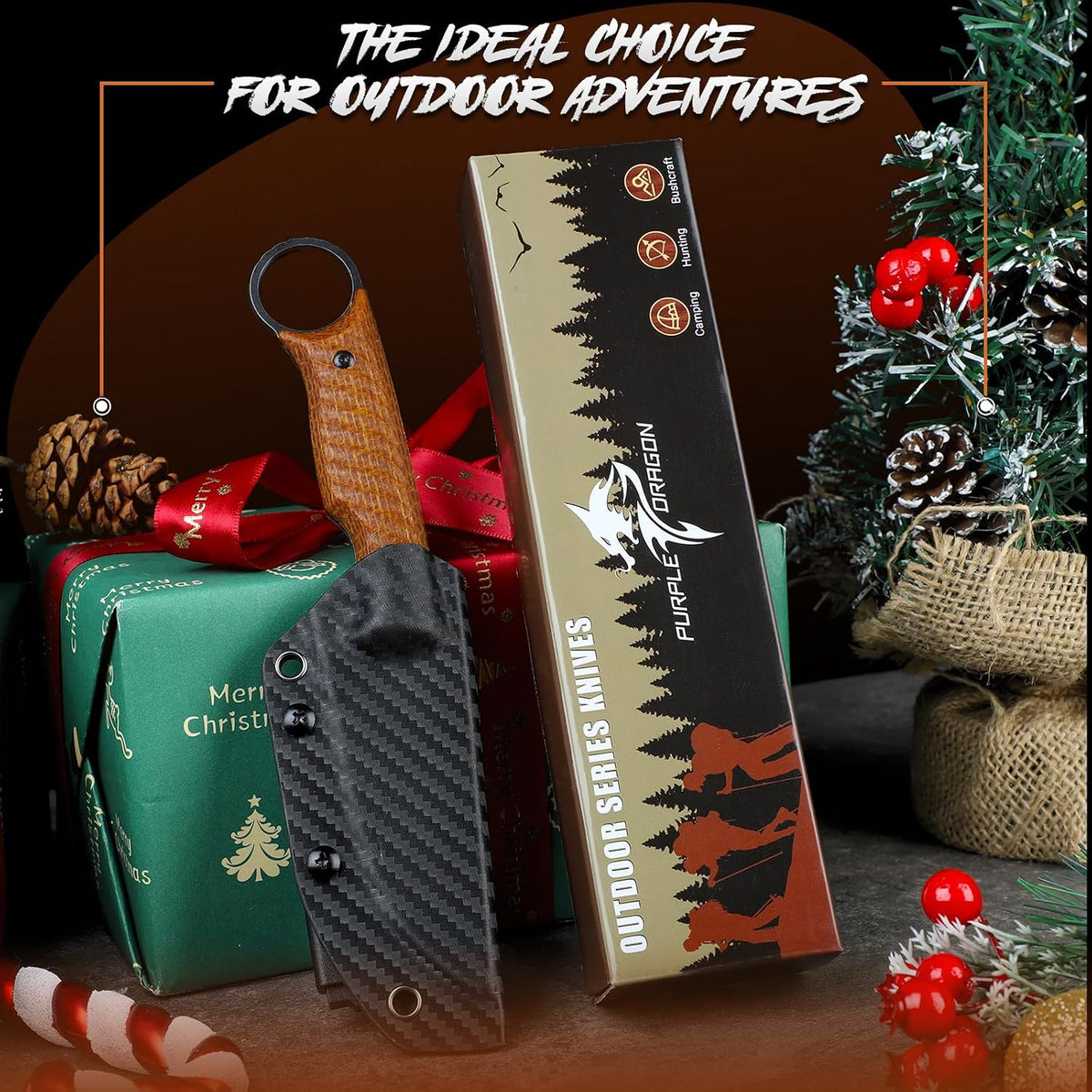 Fixed Blade Knife with Kydex Sheath -Survival Knife Brown | Forged from a Single Piece of D2 Steel, Full Tang G10 Handle, Gift Box, for Outoor Camping