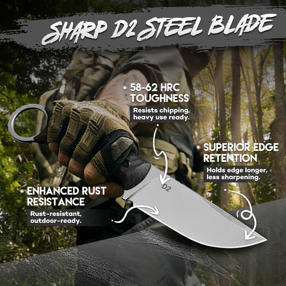 Fixed Blade Knife with Kydex Sheath -Survival Knife Brown | Forged from a Single Piece of D2 Steel, Full Tang G10 Handle, Gift Box, for Outoor Camping