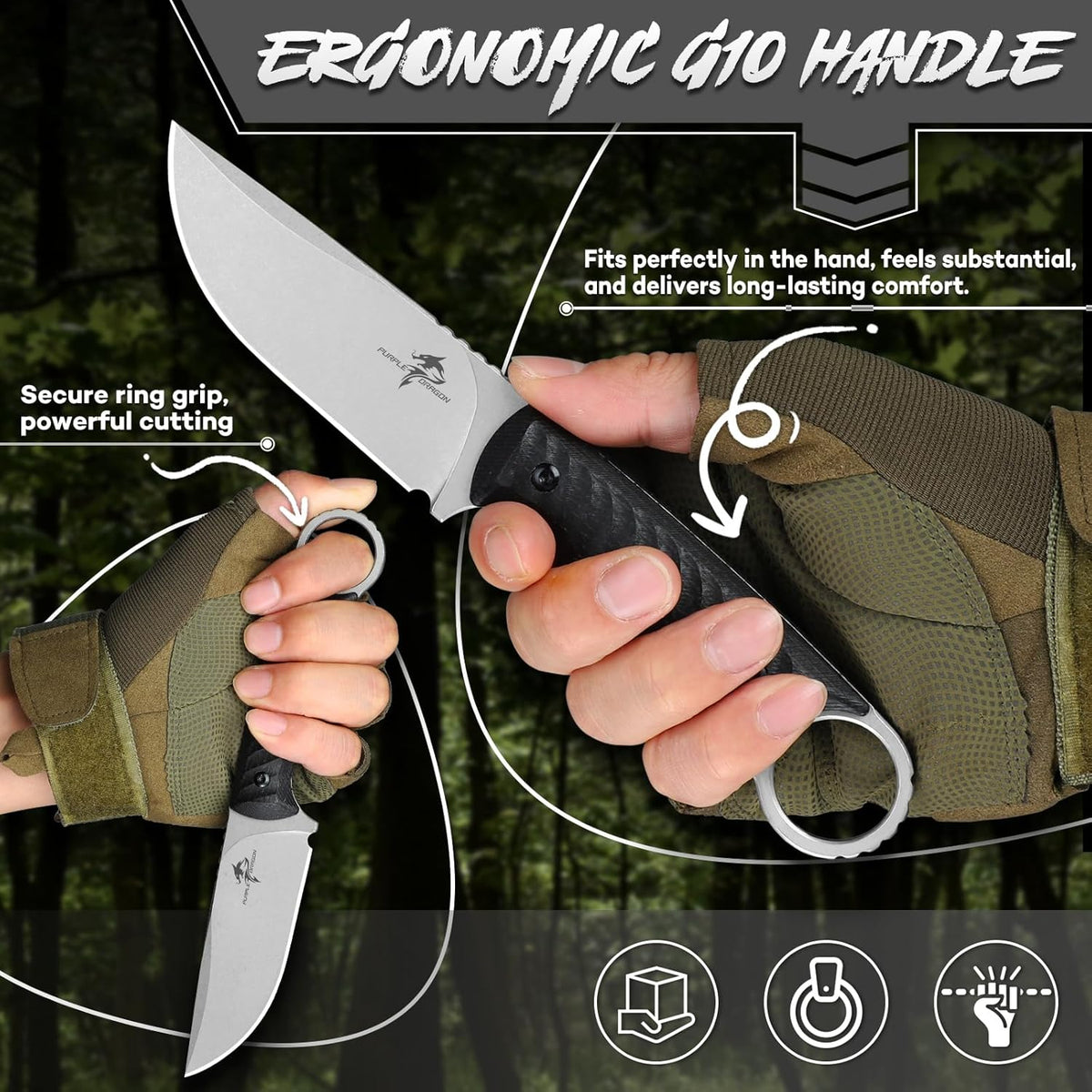Fixed Blade Knife with Kydex Sheath -Survival Knife Brown | Forged from a Single Piece of D2 Steel, Full Tang G10 Handle, Gift Box, for Outoor Camping