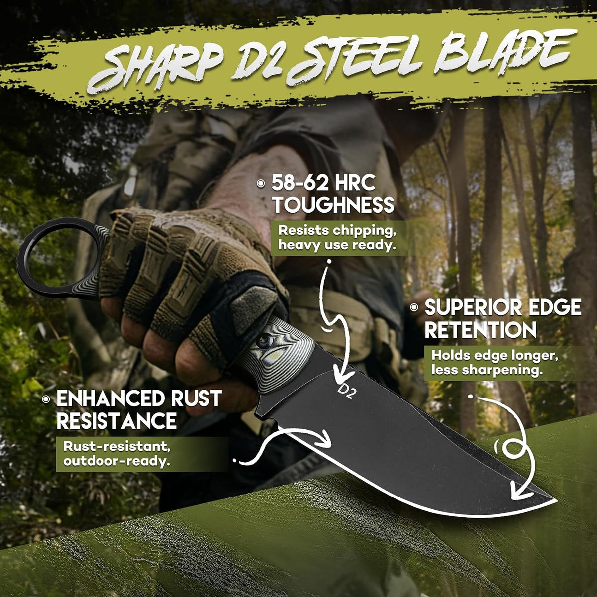 Fixed Blade Knife with Kydex Sheath -Survival Knife Brown | Forged from a Single Piece of D2 Steel, Full Tang G10 Handle, Gift Box, for Outoor Camping
