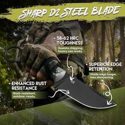 Fixed Blade Knife with Kydex Sheath -Survival Knife Brown | Forged from a Single Piece of D2 Steel, Full Tang G10 Handle, Gift Box, for Outoor Camping