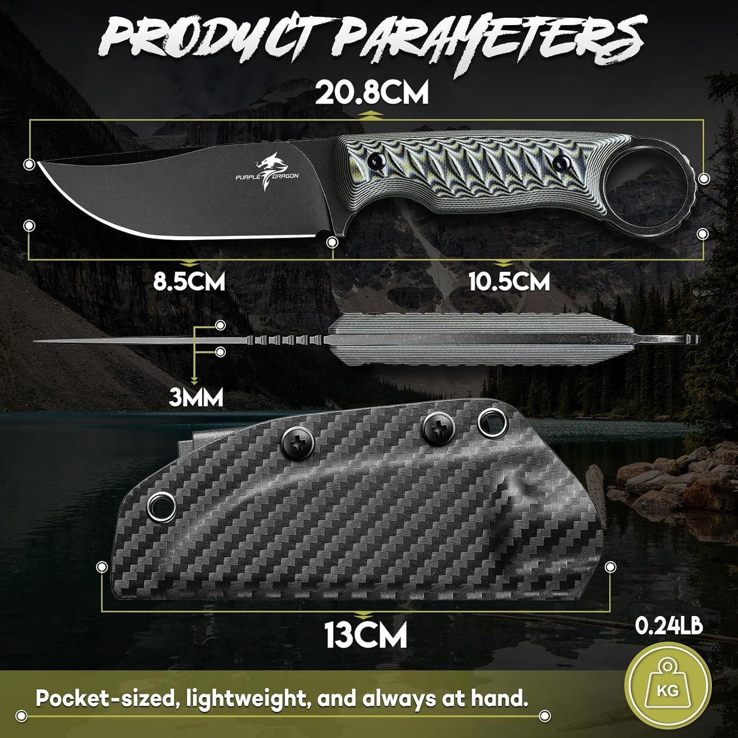 Fixed Blade Knife with Kydex Sheath -Survival Knife Brown | Forged from a Single Piece of D2 Steel, Full Tang G10 Handle, Gift Box, for Outoor Camping