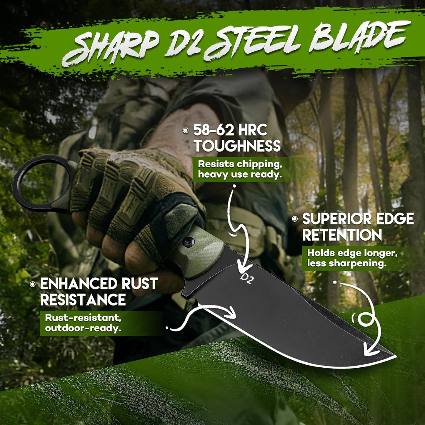 Fixed Blade Knife with Kydex Sheath -Survival Knife Brown | Forged from a Single Piece of D2 Steel, Full Tang G10 Handle, Gift Box, for Outoor Camping