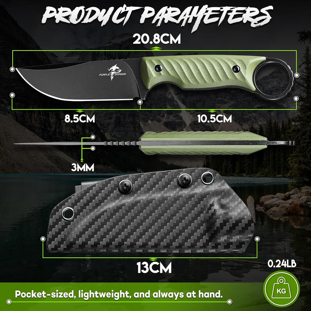 Fixed Blade Knife with Kydex Sheath -Survival Knife Brown | Forged from a Single Piece of D2 Steel, Full Tang G10 Handle, Gift Box, for Outoor Camping