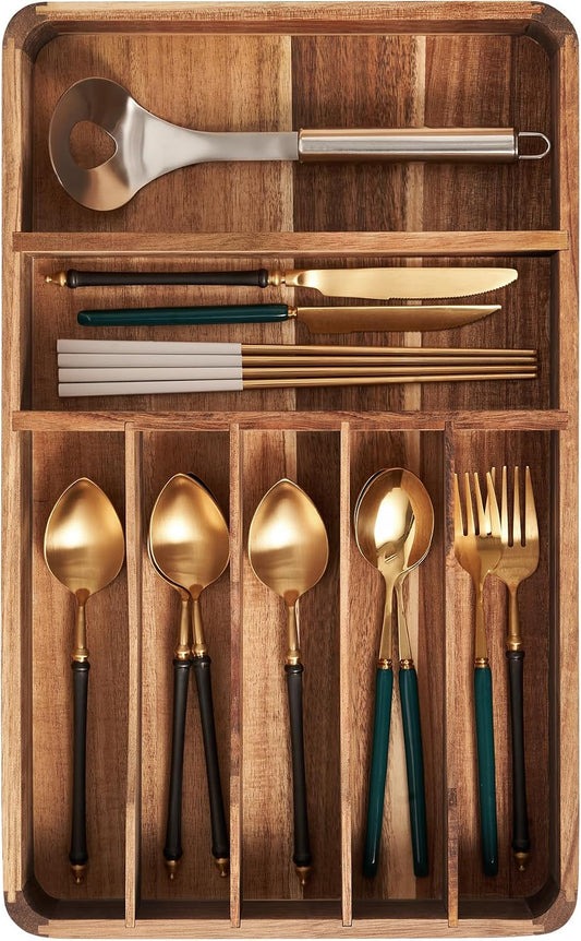 Silverware Drawer Organizer, Acacia Wood Tray for Cutlery & Flatware | Fixed 10.5" Wide, 7-Compartment Utensil Holder for Forks & Spoons