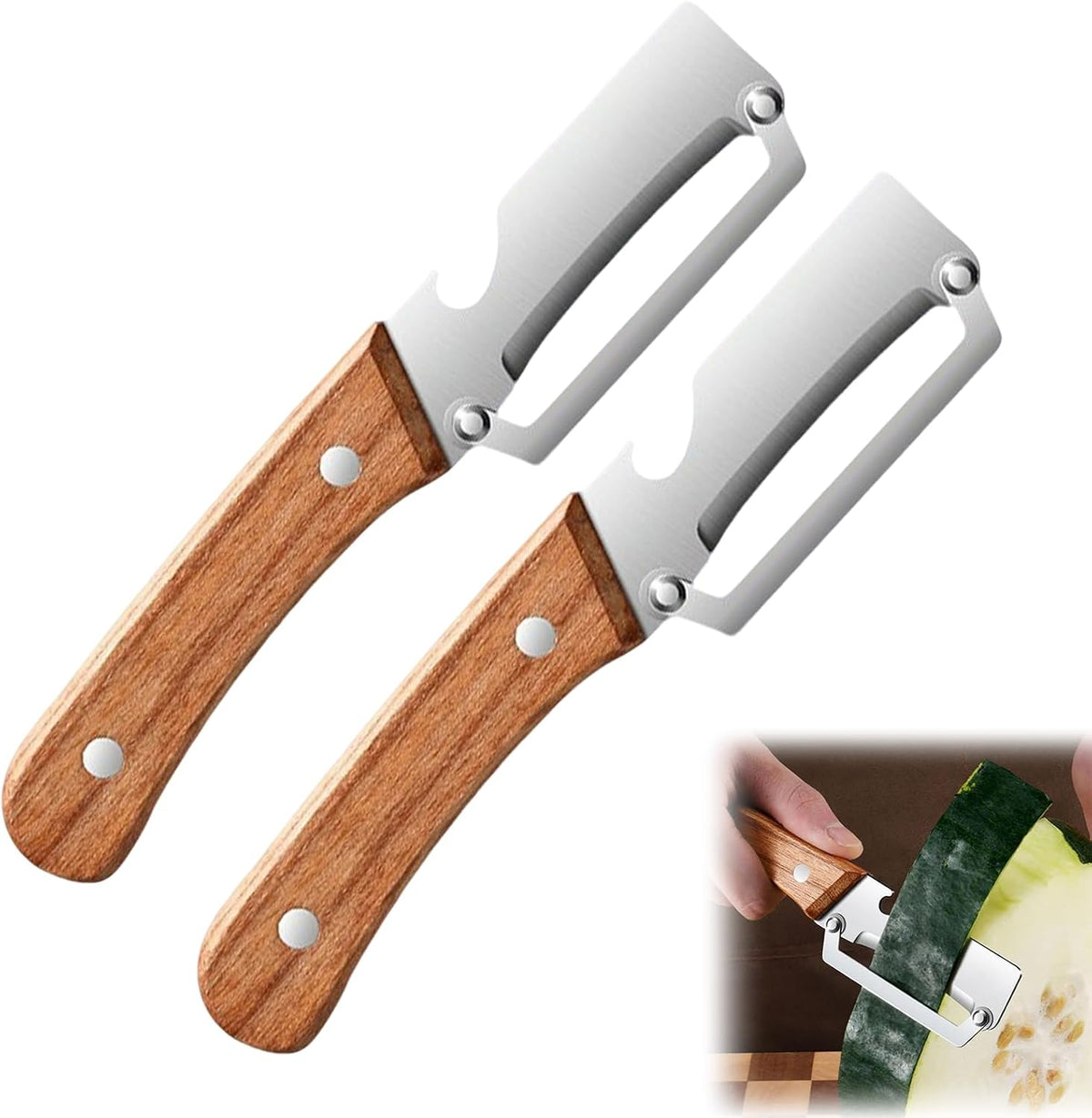 2Pack Multi Vegetable Peeler for Potato Apple Carrot - Stainless Steel Blade Kitchen Tool, Fruit & Citrus Peeler with Wooden Handle and Bottle Opener, Cabbage Cutter for Home Kitchen