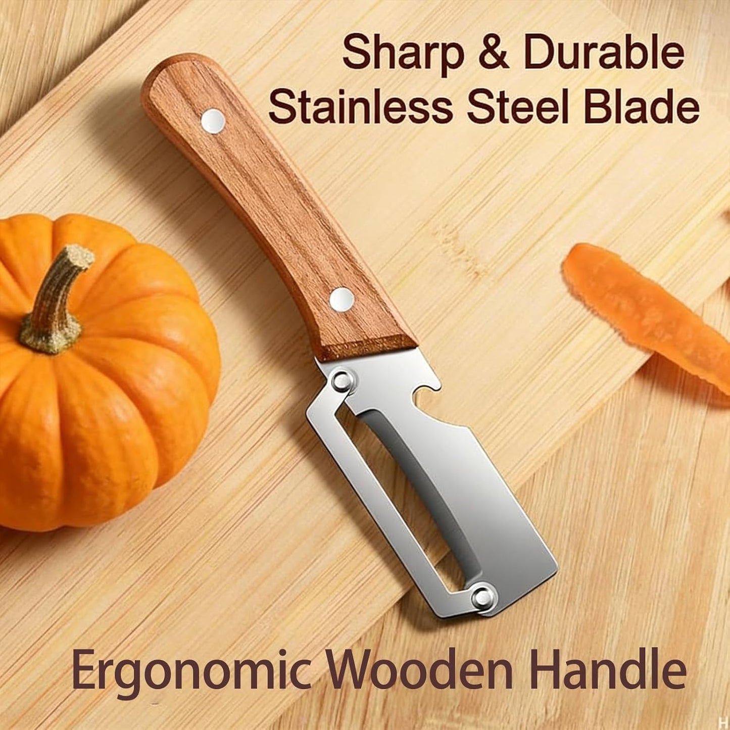 2Pack Multi Vegetable Peeler for Potato Apple Carrot - Stainless Steel Blade Kitchen Tool, Fruit & Citrus Peeler with Wooden Handle and Bottle Opener, Cabbage Cutter for Home Kitchen