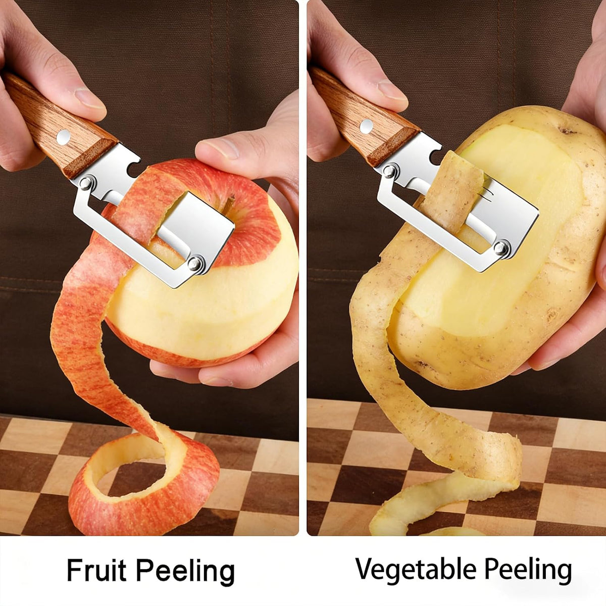 2Pack Multi Vegetable Peeler for Potato Apple Carrot - Stainless Steel Blade Kitchen Tool, Fruit & Citrus Peeler with Wooden Handle and Bottle Opener, Cabbage Cutter for Home Kitchen