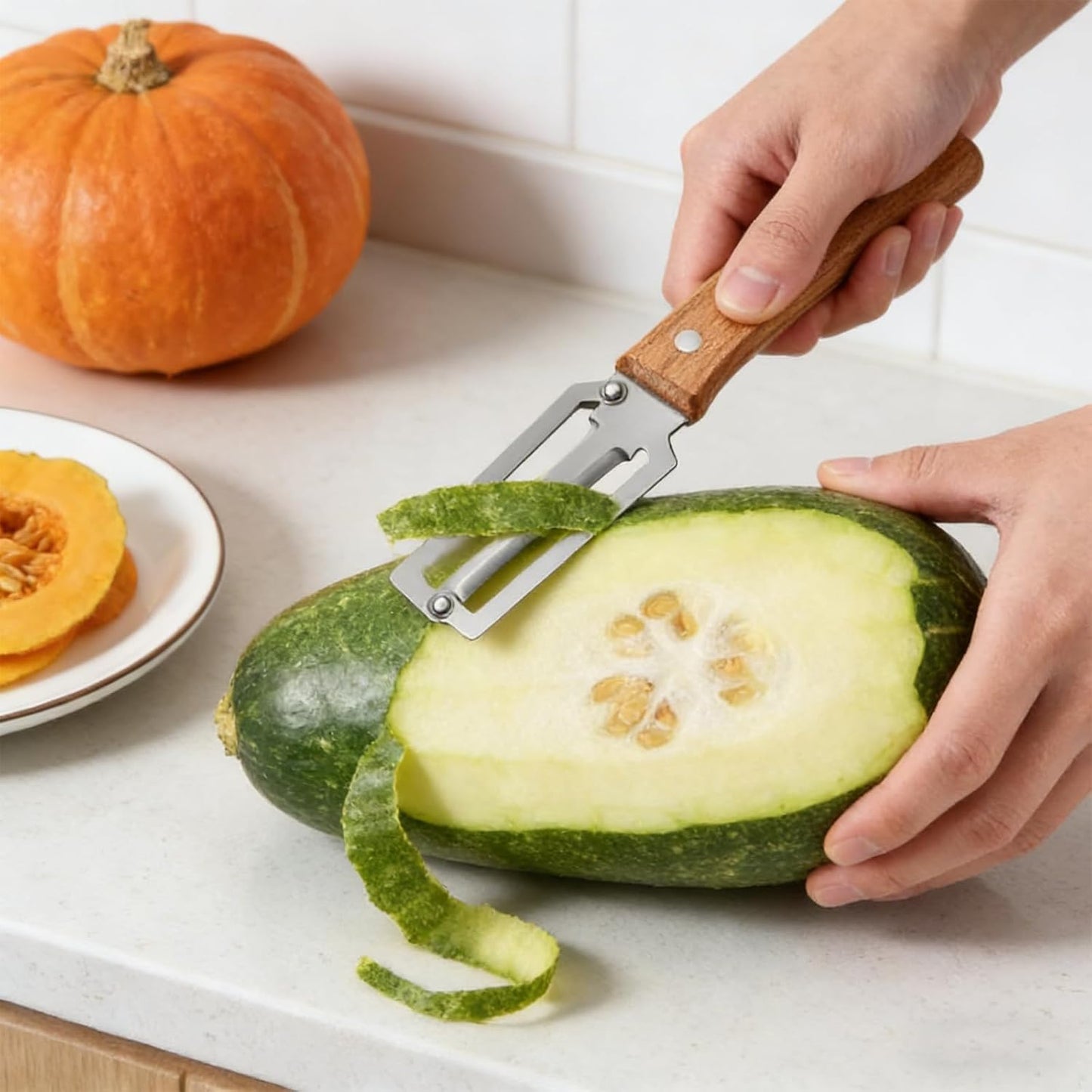 2Pack Multi Vegetable Peeler for Potato Apple Carrot - Stainless Steel Blade Kitchen Tool, Fruit & Citrus Peeler with Wooden Handle and Bottle Opener, Cabbage Cutter for Home Kitchen