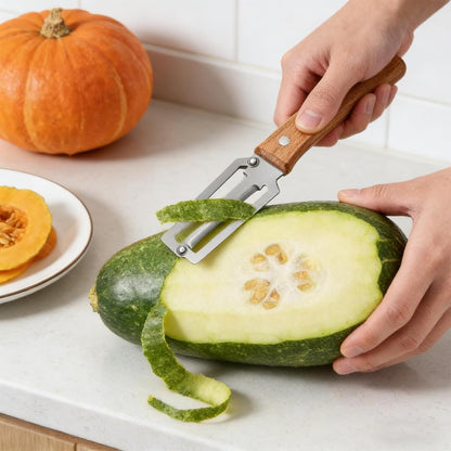 2Pack Multi Vegetable Peeler for Potato Apple Carrot - Stainless Steel Blade Kitchen Tool, Fruit & Citrus Peeler with Wooden Handle and Bottle Opener, Cabbage Cutter for Home Kitchen