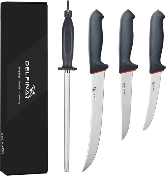 Butcher Knife Set for Meat Cutting, German Steel | German steel blades,For skinning, boning, trimming,Non-slip soft grip Includes sharpener rod,Rust-resistant & durable.