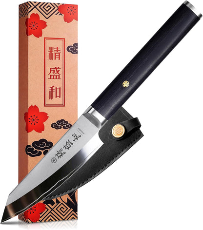 Japanese Chef Knife 7in,High Carbon Steel VG-10,Leather Sheath