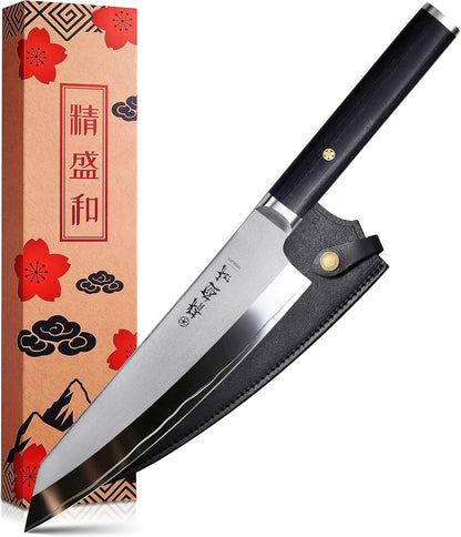 Japanese Chef Knife 7in,High Carbon Steel VG-10,Leather Sheath