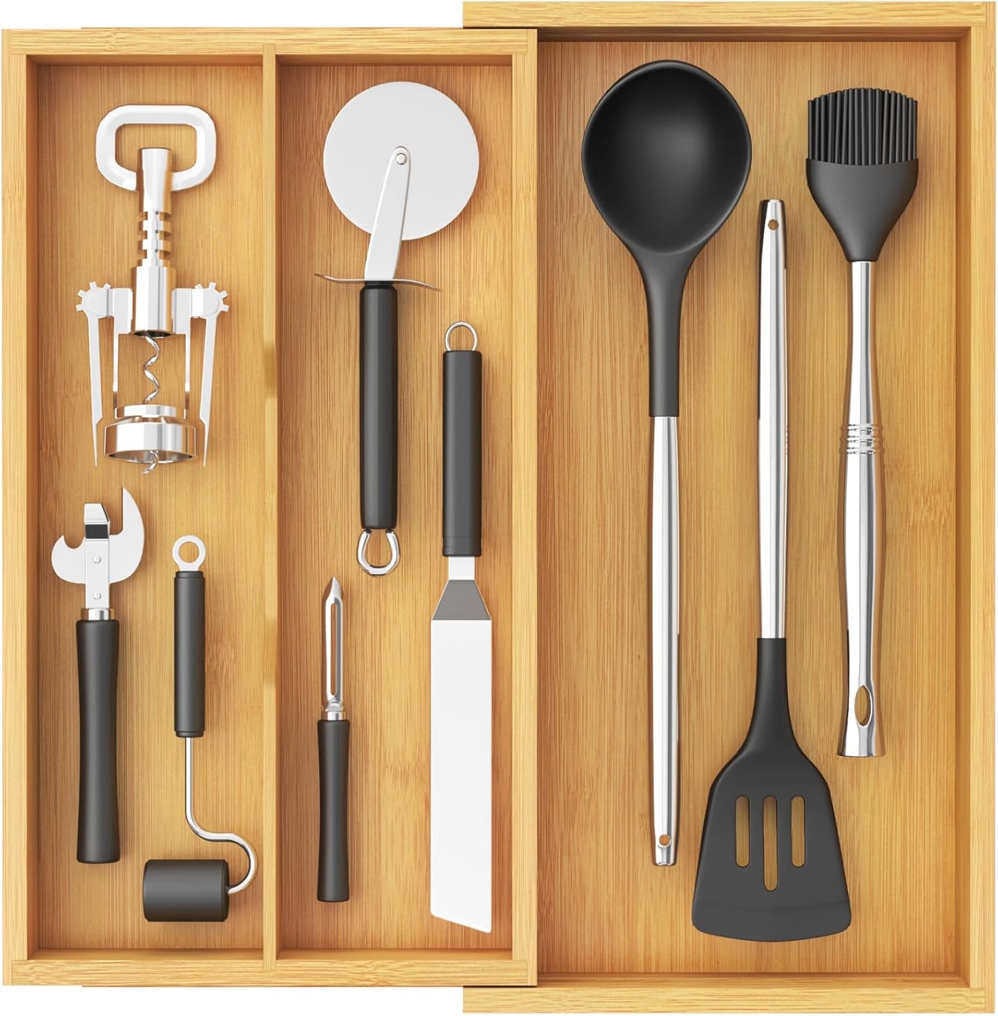 Utensil Organizer for Kitchen Drawer, Expandable Cooking Utensil Tray, Cutlery Silverware Flatware Holder, Wood Adjustable Spatula Tools Storage Divider, 8.9-15.8 x 15.75, Natural