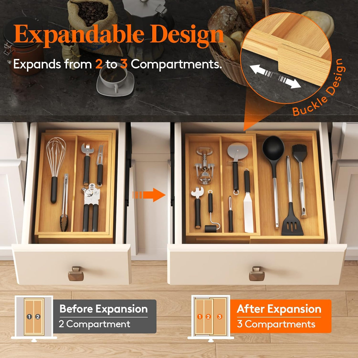 Utensil Organizer for Kitchen Drawer, Expandable Cooking Utensil Tray, Cutlery Silverware Flatware Holder, Wood Adjustable Spatula Tools Storage Divider, 8.9-15.8 x 15.75, Natural