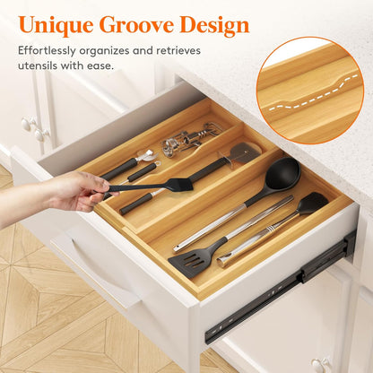 Utensil Organizer for Kitchen Drawer, Expandable Cooking Utensil Tray, Cutlery Silverware Flatware Holder, Wood Adjustable Spatula Tools Storage Divider, 8.9-15.8 x 15.75, Natural