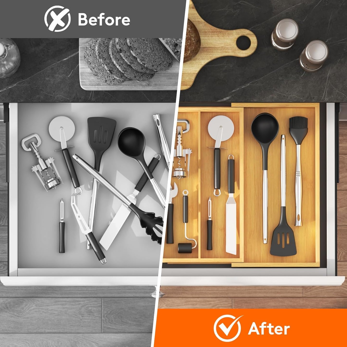 Utensil Organizer for Kitchen Drawer, Expandable Cooking Utensil Tray, Cutlery Silverware Flatware Holder, Wood Adjustable Spatula Tools Storage Divider, 8.9-15.8 x 15.75, Natural