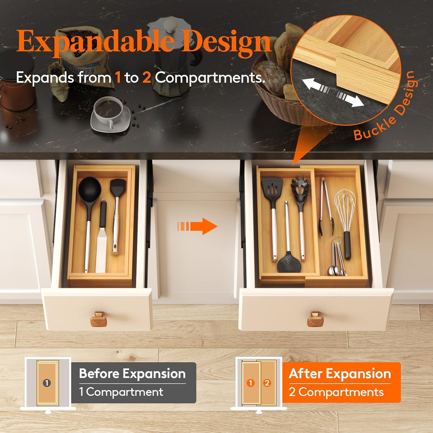 Utensil Organizer for Kitchen Drawer, Expandable Cooking Utensil Tray, Cutlery Silverware Flatware Holder, Wood Adjustable Spatula Tools Storage Divider, 8.9-15.8 x 15.75, Natural