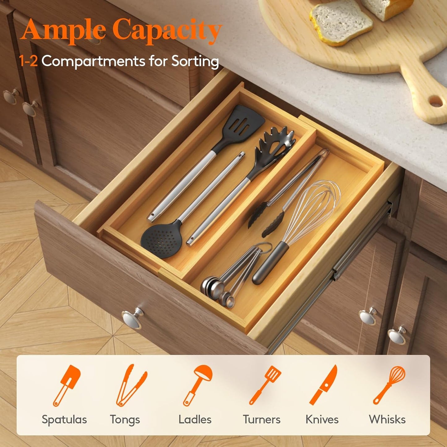 Utensil Organizer for Kitchen Drawer, Expandable Cooking Utensil Tray, Cutlery Silverware Flatware Holder, Wood Adjustable Spatula Tools Storage Divider, 8.9-15.8 x 15.75, Natural
