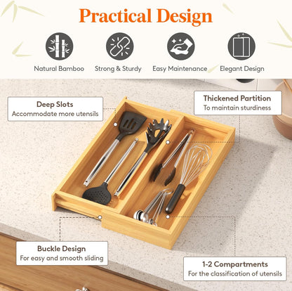 Utensil Organizer for Kitchen Drawer, Expandable Cooking Utensil Tray, Cutlery Silverware Flatware Holder, Wood Adjustable Spatula Tools Storage Divider, 8.9-15.8 x 15.75, Natural