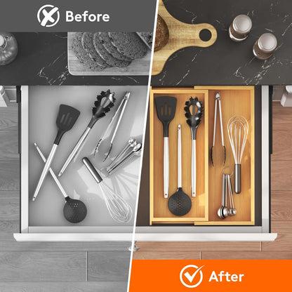 Utensil Organizer for Kitchen Drawer, Expandable Cooking Utensil Tray, Cutlery Silverware Flatware Holder, Wood Adjustable Spatula Tools Storage Divider, 8.9-15.8 x 15.75, Natural