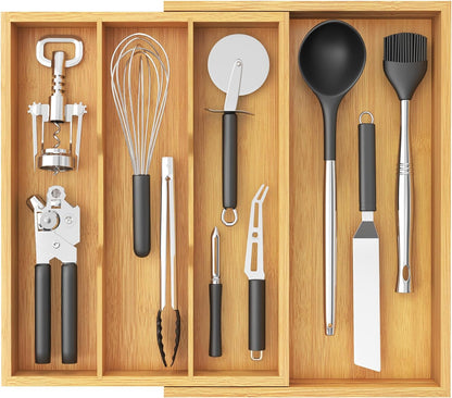 Utensil Organizer for Kitchen Drawer, Expandable Cooking Utensil Tray, Cutlery Silverware Flatware Holder, Wood Adjustable Spatula Tools Storage Divider, 8.9-15.8 x 15.75, Natural