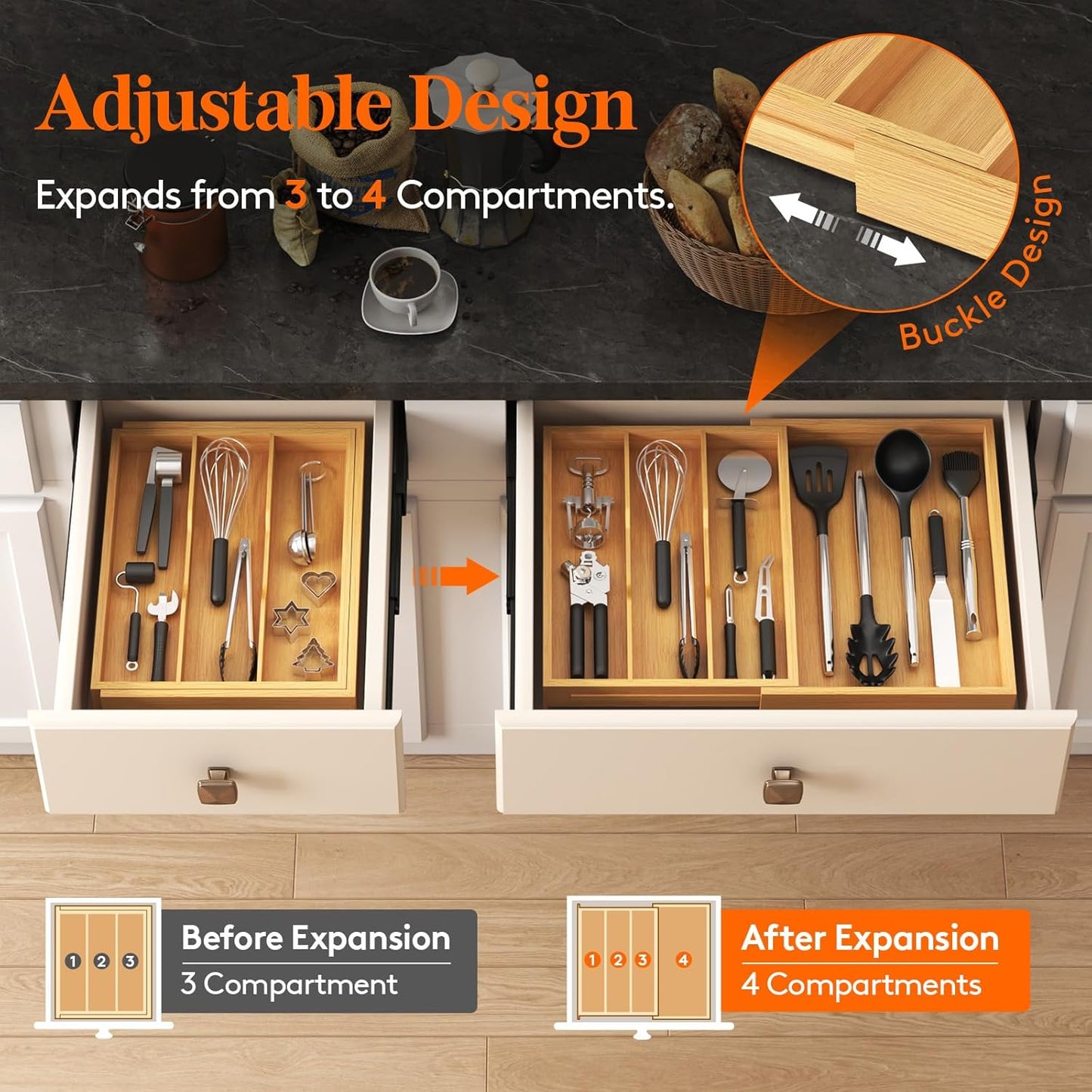 Utensil Organizer for Kitchen Drawer, Expandable Cooking Utensil Tray, Cutlery Silverware Flatware Holder, Wood Adjustable Spatula Tools Storage Divider, 8.9-15.8 x 15.75, Natural