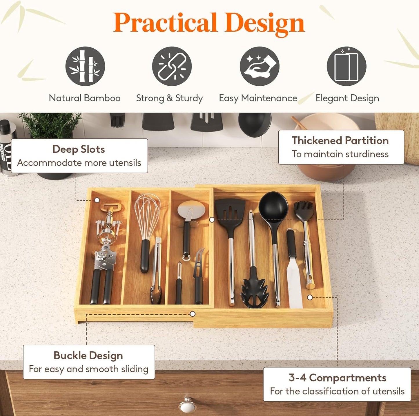 Utensil Organizer for Kitchen Drawer, Expandable Cooking Utensil Tray, Cutlery Silverware Flatware Holder, Wood Adjustable Spatula Tools Storage Divider, 8.9-15.8 x 15.75, Natural