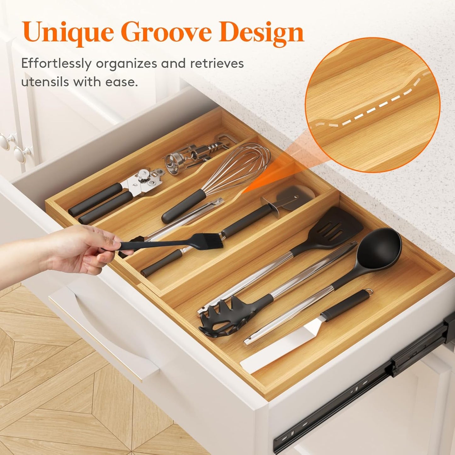 Utensil Organizer for Kitchen Drawer, Expandable Cooking Utensil Tray, Cutlery Silverware Flatware Holder, Wood Adjustable Spatula Tools Storage Divider, 8.9-15.8 x 15.75, Natural