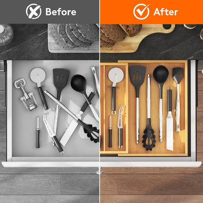 Utensil Organizer for Kitchen Drawer, Expandable Cooking Utensil Tray, Cutlery Silverware Flatware Holder, Wood Adjustable Spatula Tools Storage Divider, 8.9-15.8 x 15.75, Natural