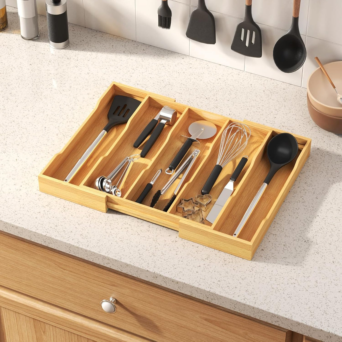 Utensil Organizer for Kitchen Drawer, Expandable Cooking Utensil Tray, Cutlery Silverware Flatware Holder, Wood Adjustable Spatula Tools Storage Divider, 8.9-15.8 x 15.75, Natural