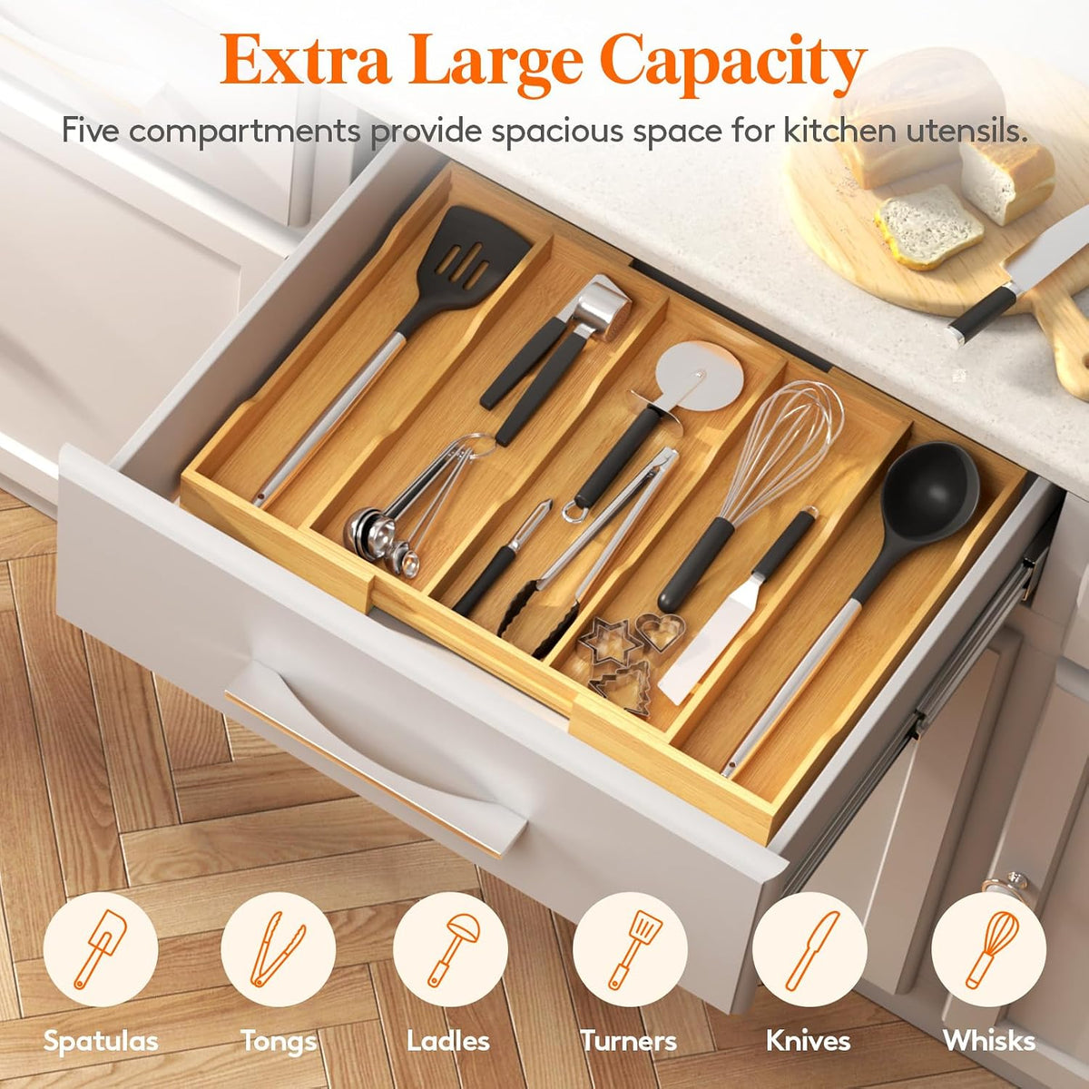 Utensil Organizer for Kitchen Drawer, Expandable Cooking Utensil Tray, Cutlery Silverware Flatware Holder, Wood Adjustable Spatula Tools Storage Divider, 8.9-15.8 x 15.75, Natural