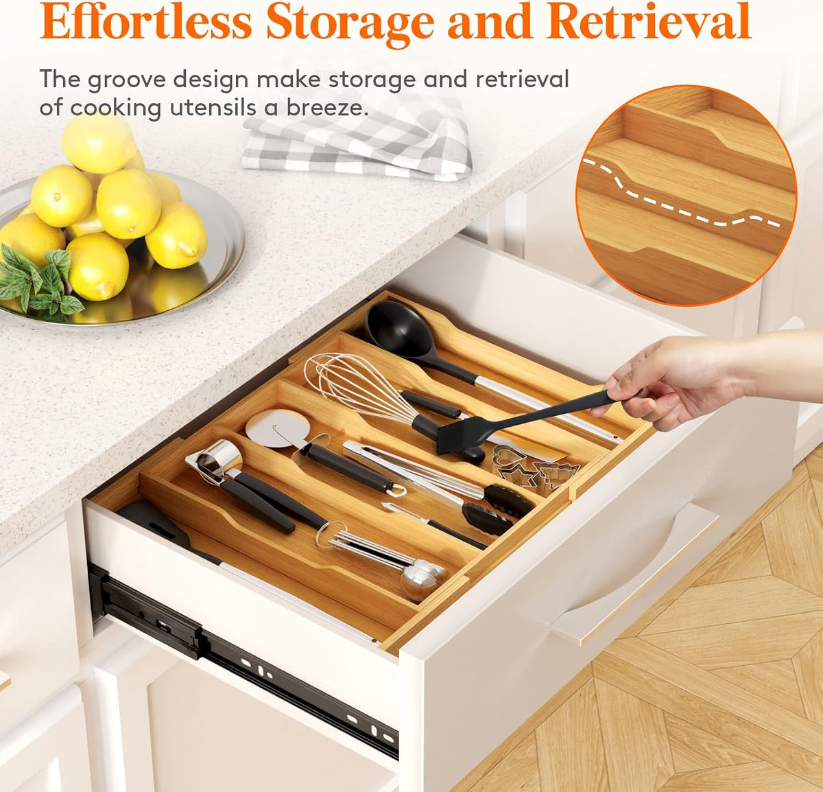 Utensil Organizer for Kitchen Drawer, Expandable Cooking Utensil Tray, Cutlery Silverware Flatware Holder, Wood Adjustable Spatula Tools Storage Divider, 8.9-15.8 x 15.75, Natural