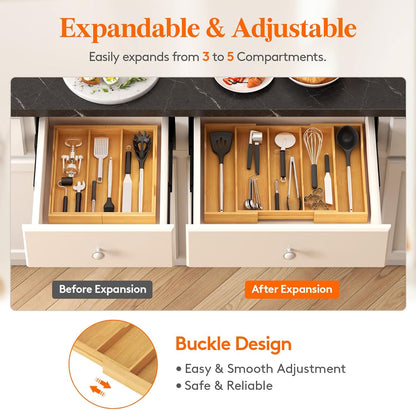 Utensil Organizer for Kitchen Drawer, Expandable Cooking Utensil Tray, Cutlery Silverware Flatware Holder, Wood Adjustable Spatula Tools Storage Divider, 8.9-15.8 x 15.75, Natural