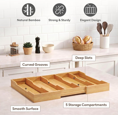 Utensil Organizer for Kitchen Drawer, Expandable Cooking Utensil Tray, Cutlery Silverware Flatware Holder, Wood Adjustable Spatula Tools Storage Divider, 8.9-15.8 x 15.75, Natural